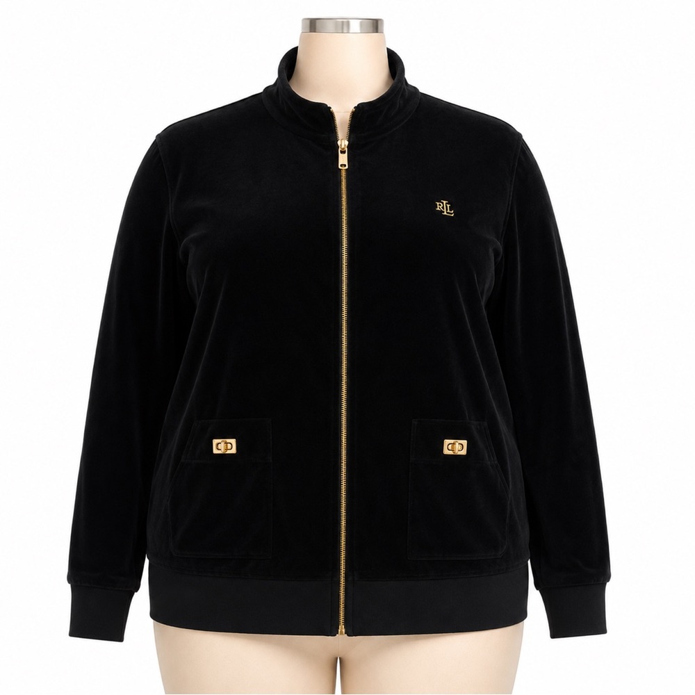 Lauren Ralph Lauren Black Velour Gold Zip Jacket XL